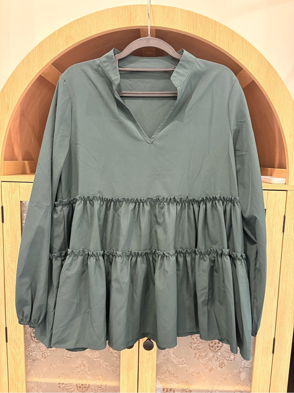 Never worn! Tiered Ruffle V-Neck Long Sleeve Top - Forest Green